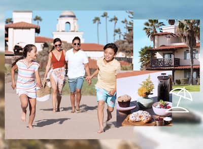 Multiple images showing a family of four walking on the beach together, an external view of a villa, and a table with breakfast food.